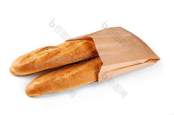 法国长<strong>面包面包</strong>采用纸袋向白色的背景