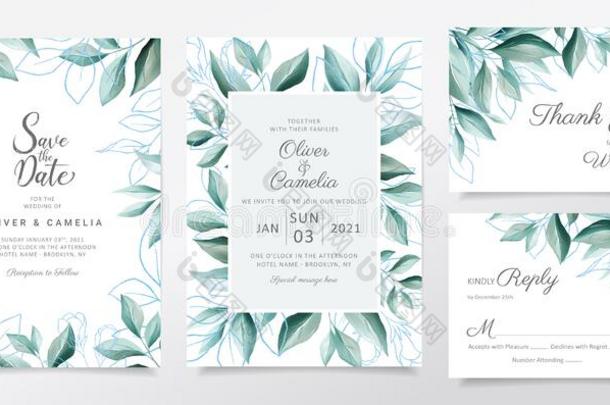 蓝色婚礼招待卡片样板放置和水彩树叶