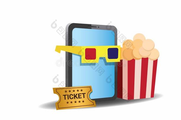 注视电影和智能手机,购买票电影院在线的经过可移动的