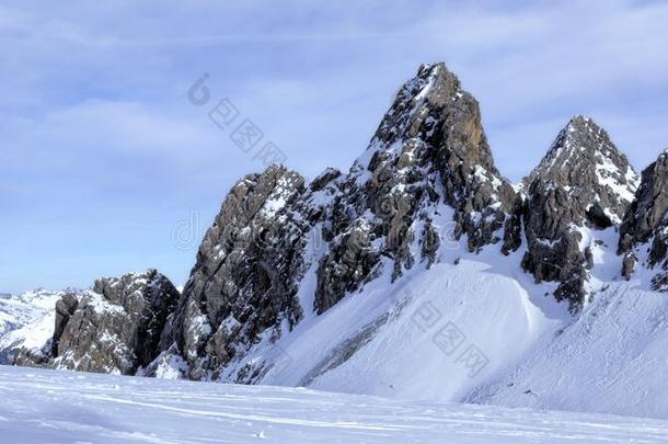 雪原和雪大量的高的阿尔卑斯山的山山峰