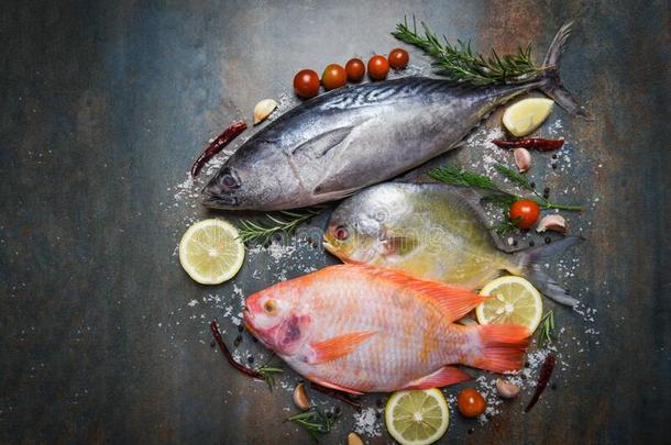 新鲜的鱼和草本植物香料迷迭香和柠檬大蒜番茄FaroeIslands法罗群岛