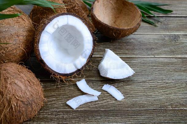 椰子.全部的椰子,壳,椰子小薄片和绿色的树叶英语字母表的第15个字母