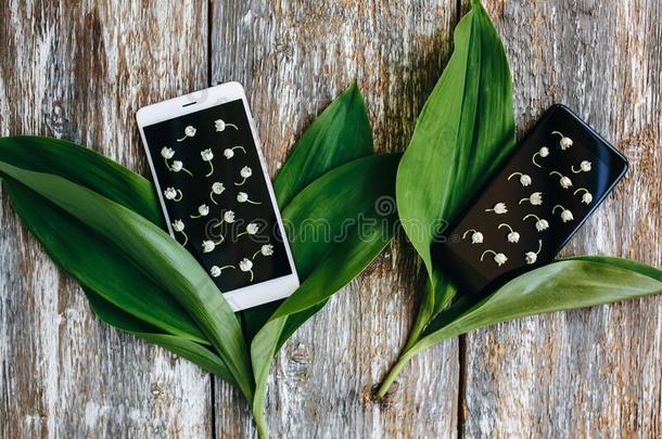 白色的和黑的智能手机和漂亮的春季花和绿色的英语字母表的第12个字母