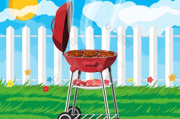 圆形的烤架烧烤.barbecue吃烤烧肉的野餐偶像.电的烧烤.