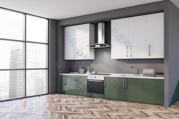 灰色和绿色的厨房角落和工作台面
