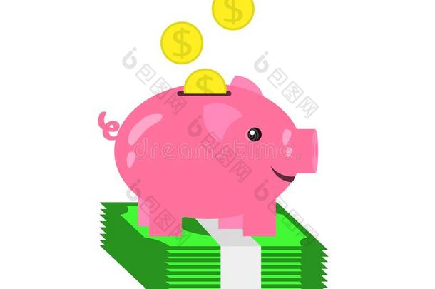猪小猪银行和钱向一白色的b一ckground.象征.