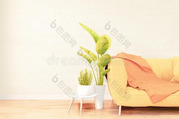 海报框架黄色的沙发向阁楼房间内部设计,砖walnut胡桃