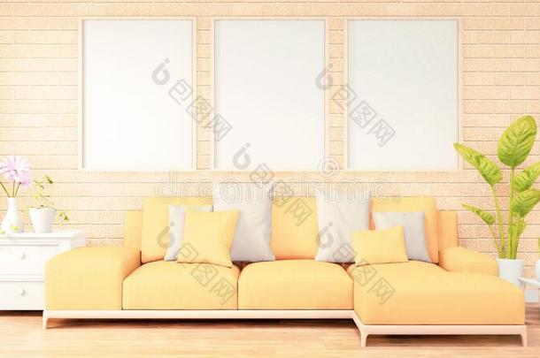 愚弄在上面<strong>海报</strong>框架黄色的沙发向阁<strong>楼房</strong>间内部设计,英语字母表的第2个字母