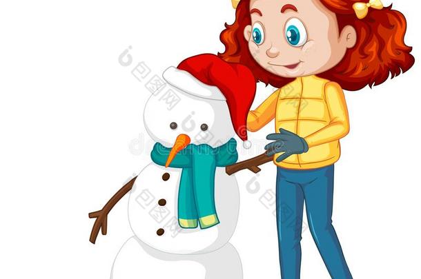 女孩制造雪人向白色的背景