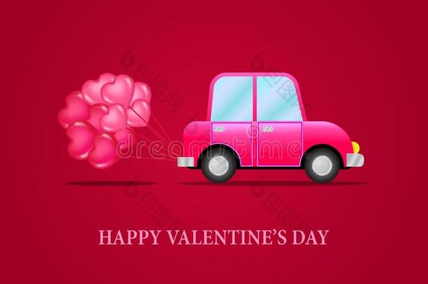 粉红色的汽车和爱心气球装饰为爱浪漫史反对票