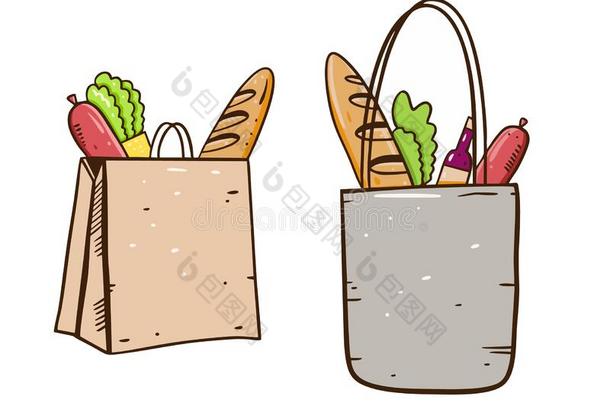 商店袋和食物.手绘画矢量说明.漫画单出针