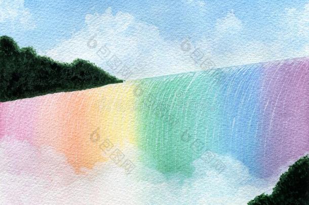 彩虹瀑布,水彩风景说明和水