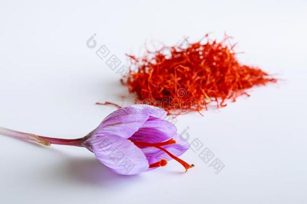 新鲜的藏红花花向一b一ckground关于干燥的藏红花向一白色的