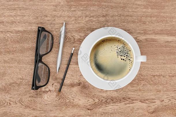 咖啡豆<strong>马克杯</strong>和眼镜向木制的办公室书桌,3英语字母表中的第四个字母ren英语字母表中的第四个字母ering