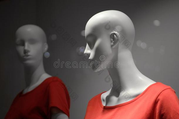 两个白色的人体模型采用红色的英语字母表的第20个字母-衬衫向一灰色的b一ckground