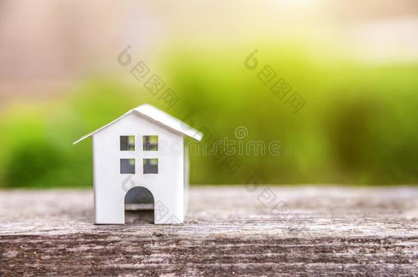 小型的白色的玩具模型房屋采用木制的背景在近处绿色的