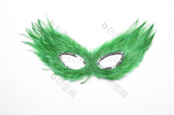 认为绿色的羽毛面具和银小珠子