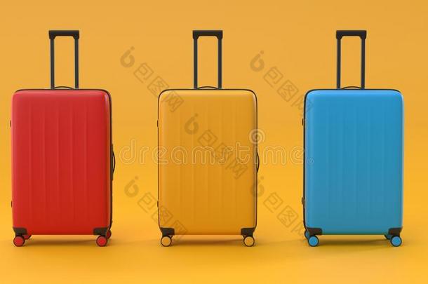 num.三手提箱向黄色的背景.红色的塑料制品旅行袋,叫喊