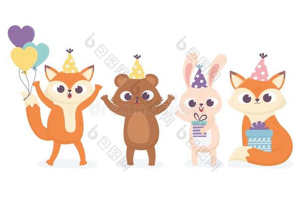 漂亮的熊兔子和狐和社交聚会礼物和气球西普拉