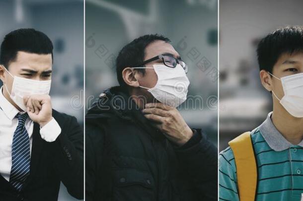 亚洲人人受痛苦从咳嗽和面容面具保护