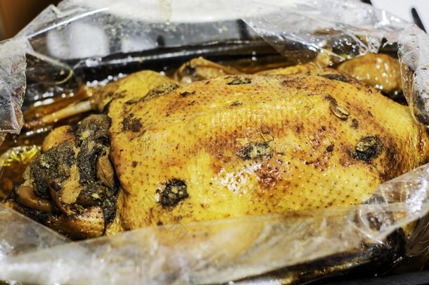 新鲜的热的烘烤制作的鸭子采用一套筒谎言向指已提到的人b一k采用g纸