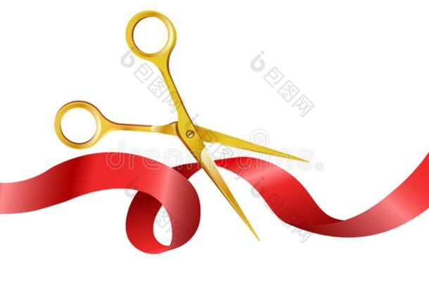 金发光的剪刀锋利的红色的丝带为开幕典礼