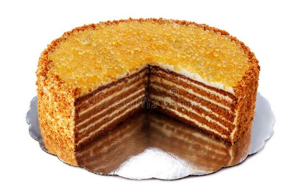 蜂蜜蛋糕和<strong>金色</strong>的<strong>珍珠</strong>和香子兰乳霜隔离的向极少的量