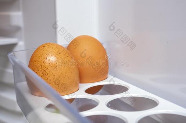 两个棕色的卵<strong>左边</strong>的向指已提到的人架子关于一refriger一tor