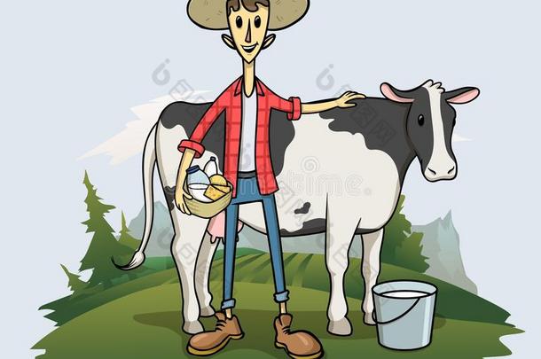 年幼的农场主采用指已提到的人帽子stand采用g紧接在后的向他的奶牛,有趣的car向on