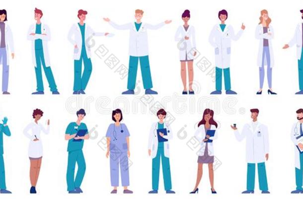 放置关于医生和护士字符和各种各样的使摆姿势