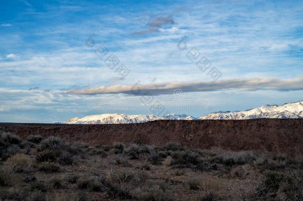 沙漠,棕色的小山,和下雪的齿状山脊内华达州山