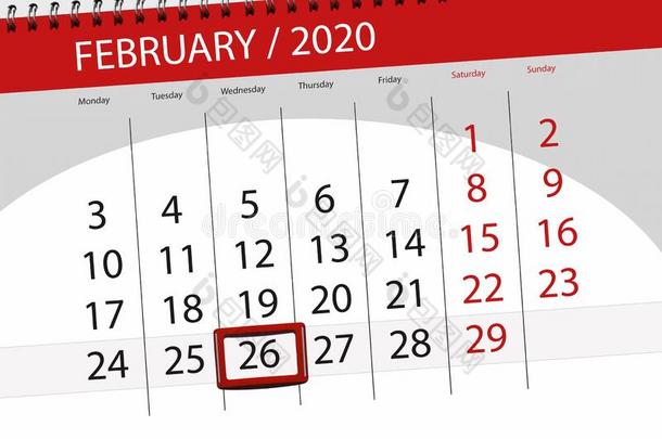 日历计划者为指已提到的人月二月2020,最后期限一天,26,