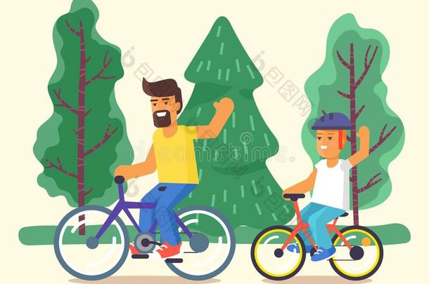 儿子和父亲骑马自行车,家庭向自行车