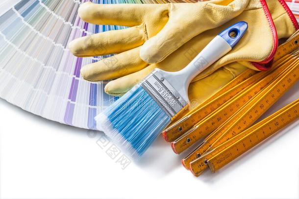绘画工具颜料刷子工作的拳击手套木制的计量器和颜色
