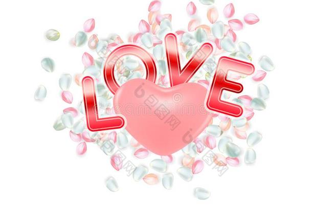 情人一天观念和粉红色的心,花瓣和字体大暗囊泡