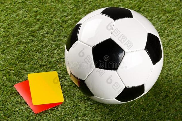 <strong>足球</strong>球和<strong>裁判</strong>员黄色的和红色的卡向草后座