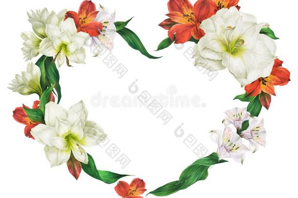 浪漫的婚礼心形状花环和白色的和红色的花