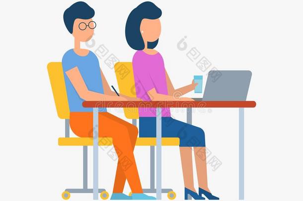 男人和女人工作的向便携式电脑会议矢量