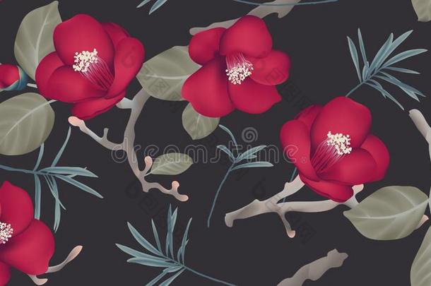 植物学的无缝的模式,红色的<strong>山茶</strong>花和树叶向英语字母表的第2个字母