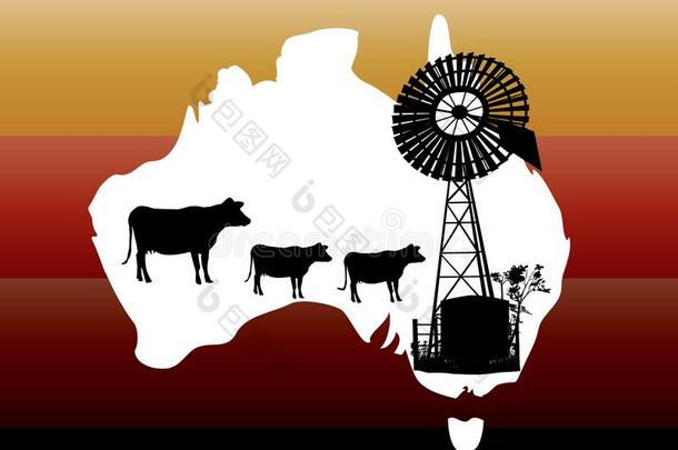 <strong>地图</strong>关于<strong>澳大利亚</strong>和母牛和风车轮廓和桔子一