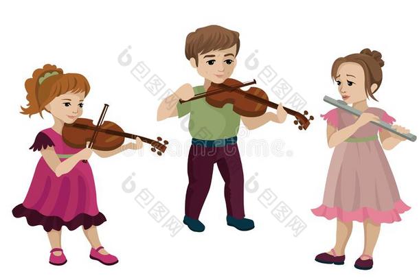 男孩和两个女孩演奏<strong>小提琴</strong>和长笛.<strong>矢量</strong>说明