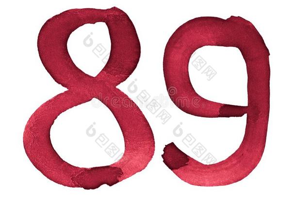 水彩数字89,手-疲惫的在旁边刷子.col.紫红色酿酒的symbol象征