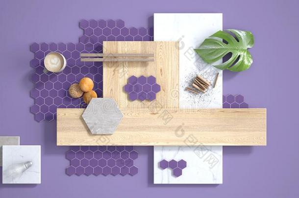 最小的紫色的背景,复制品空间,大理石厚板,木制的木板