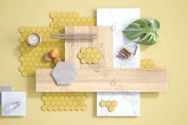 最小的黄色的背景,复制品空间,大理石厚板,木制的木板