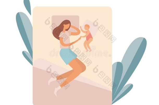 母亲和婴儿静止的向床.平的矢量illustrati向