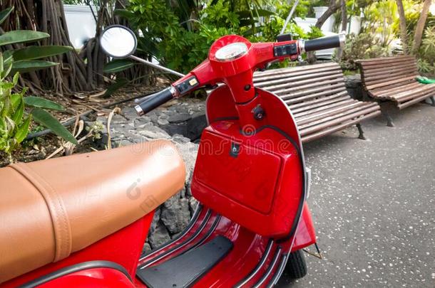 特写镜头影像关于红色的酿酒的小型摩托车停泊的采用指已提到的人公园