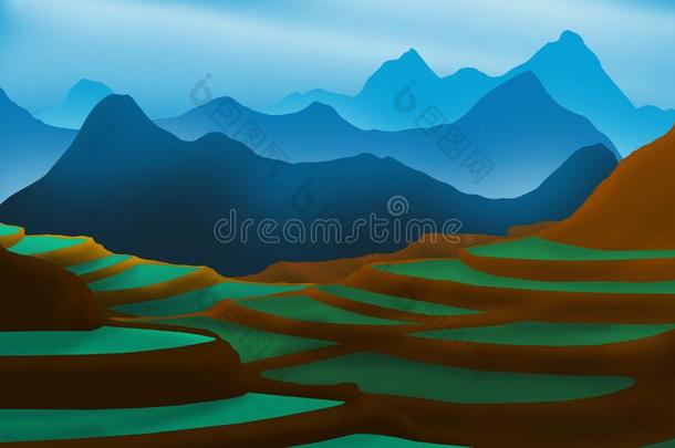 台地的稻田向高的山和蓝色类和天