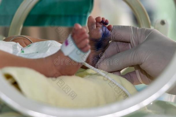 新生的恶心的婴儿采用一采用cubator
