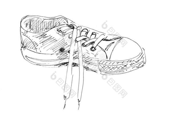 直线的黑的和白色的图解的绘画橡皮底帆布鞋和蕾丝