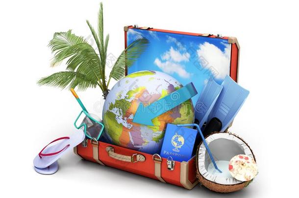 现代的夏旅行观念手提箱和一球里面的ne一r一
